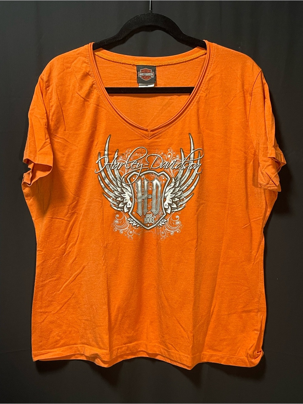 Harley-Davidson Women's Bright Orange V-Neck Wing Emblem Tee